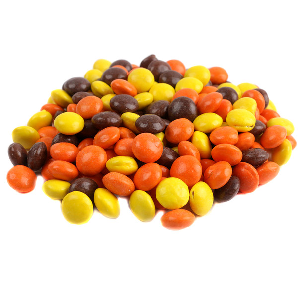 Mini Reese's Pieces candy, small yellow, brown, orange shells, smooth peanut butter, perfect for baking & snacking.