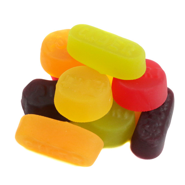Gustaf's 2.2 LB Winegums, 220 pieces. Assorted red, orange, yellow, green, purple fruit candy. Chewy, non-alcoholic.