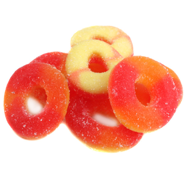 Trolli Peach Rings, peach-colored chewy gummy rings, dusted with white sanding sugar, approx 64 per pound.