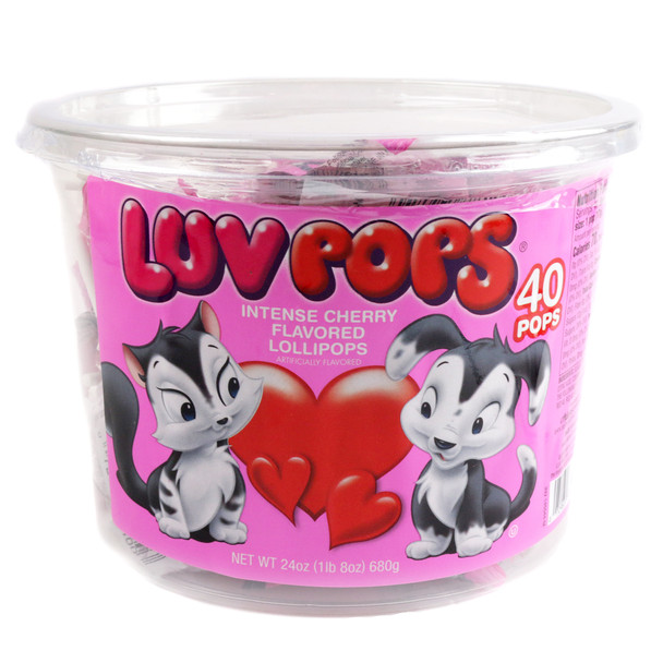 40 red heart-shaped cherry Luv Pops lollipops, individually wrapped, perfect for Valentine's Day.