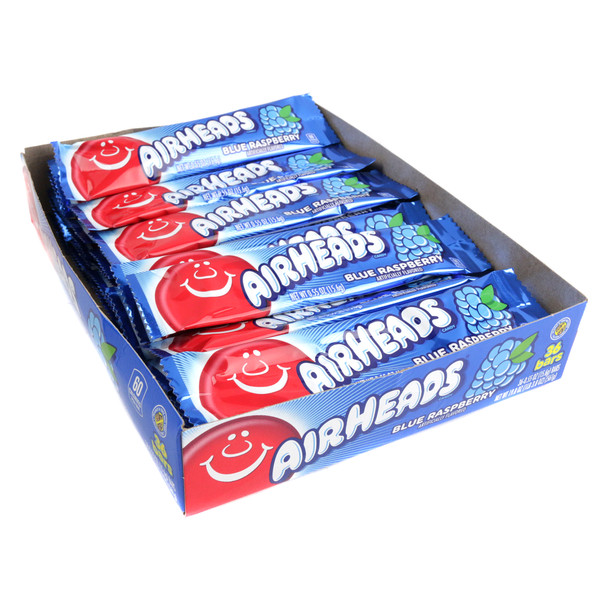 36 Airheads Blue Raspberry candy. Chewy blue raspberry flavor, dazzling blue wrappers. Gluten-free, vegan treat.