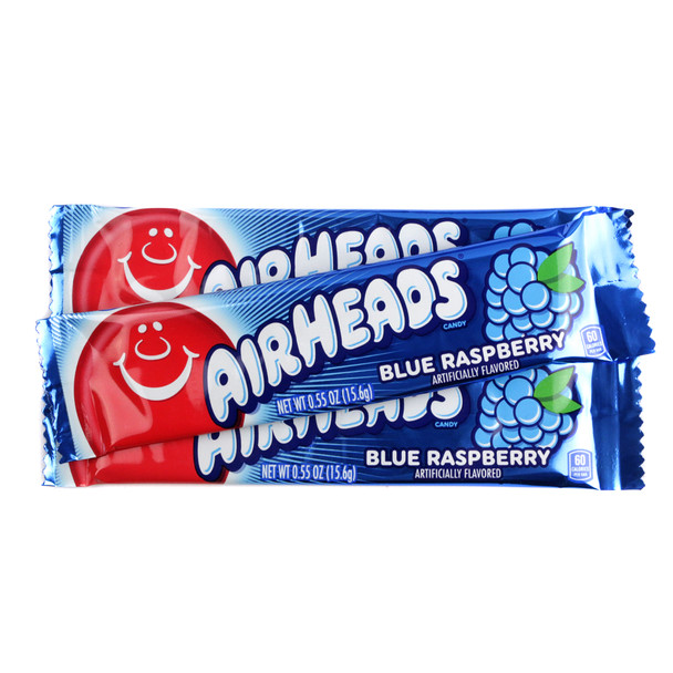 Airheads Blue Raspberry 36 pack candy, dazzling blue wrappers, chewy texture, gluten-free, vegan sweet treat.