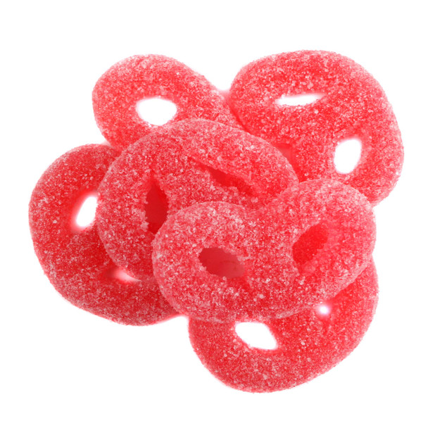 Vibrant pink red raspberry jelly pretzels, soft, chewy, dusted in cane sugar, approximately 45 per pound.