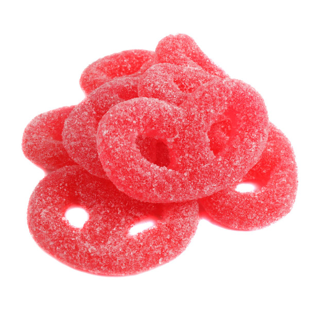 Vibrant pink Red Raspberry Jelly Pretzels, soft, chewy, sugar-dusted, pretzel shape, approx 45 per lb.