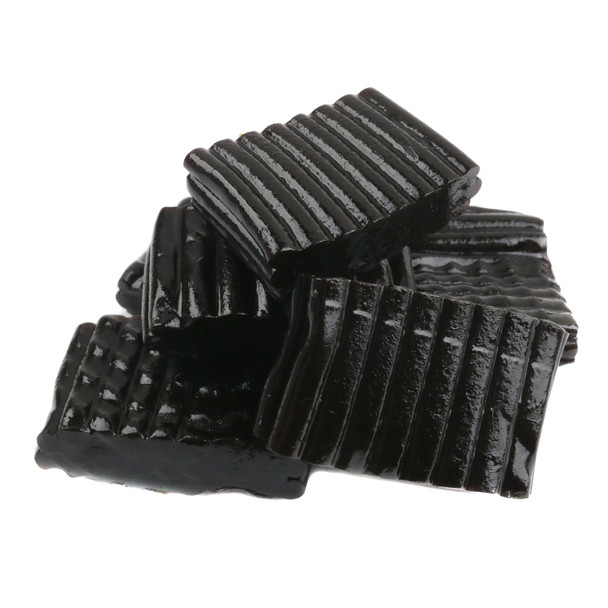 One pound bag of soft, chewy black licorice candy. Dark black tire track shaped pieces, non-GMO.