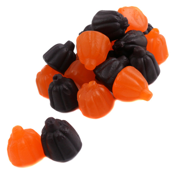 Vibrant orange Juju Pumpkins, grape flavored, chewy Halloween candy, approx 45 pieces per pound.