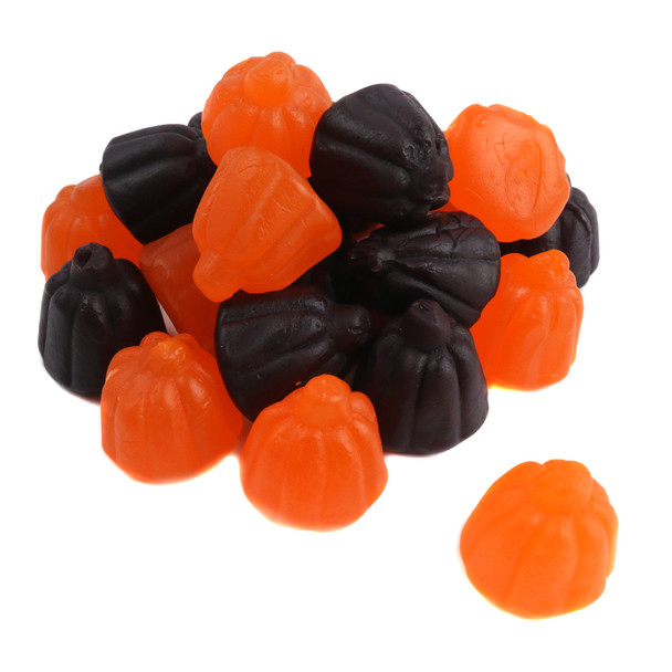 Orange, chewy Juju Pumpkins. Grape flavored Halloween candy, approximately 45 pieces per pound.