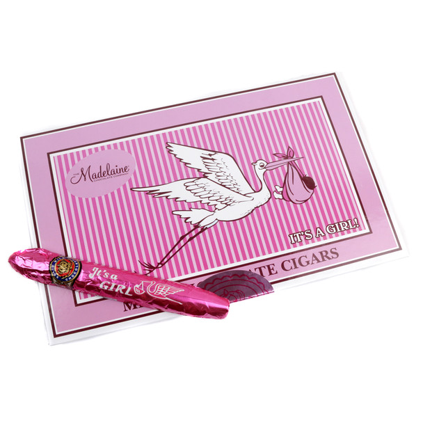 24 elegant, bright pink chocolate cigars. Perfect girl baby shower favors or gender reveal candy.