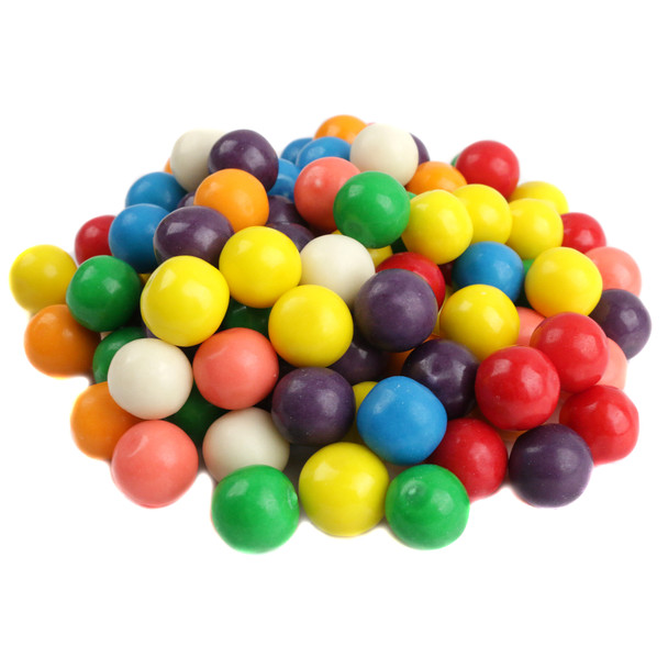 .5 inch Dubble Bubble gumballs, vibrant rainbow colors, approx 357 per pound, classic taste.