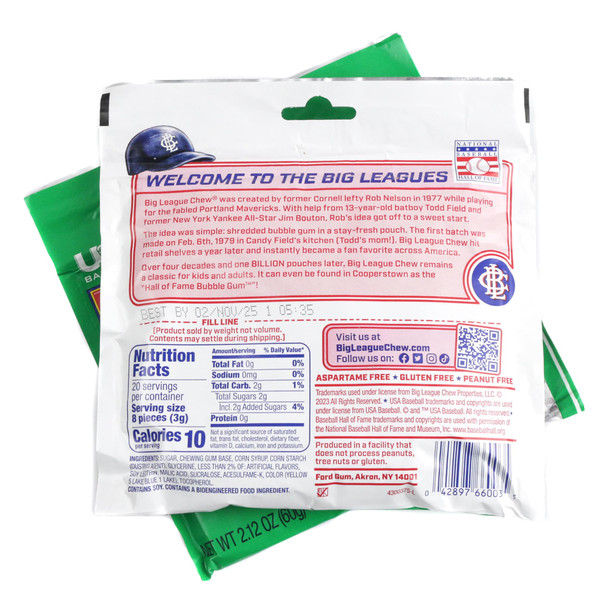 Big League Chew Wild Pitch Watermelon shredded bubble gum. Pink gum in classic red, green baseball pouch.