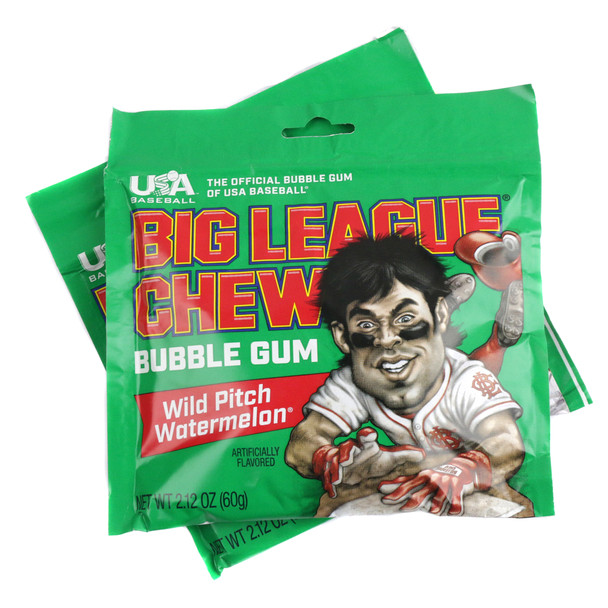 Big League Chew Wild Pitch Watermelon shredded bubble gum pouch, vibrant red and green, classic baseball candy.