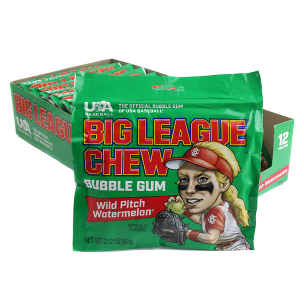 Big League Chew Wild Pitch Watermelon shredded bubble gum pouch, classic baseball chewing gum, red and green.