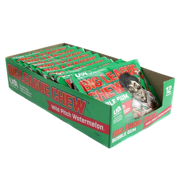 Big League Chew Wild Pitch Watermelon shredded bubble gum, red and green, in a classic baseball pouch.