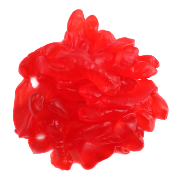 Vibrant red, cherry-flavored gummy lobsters candy. Approximately 50 pieces per pound, perfect for beach themes.