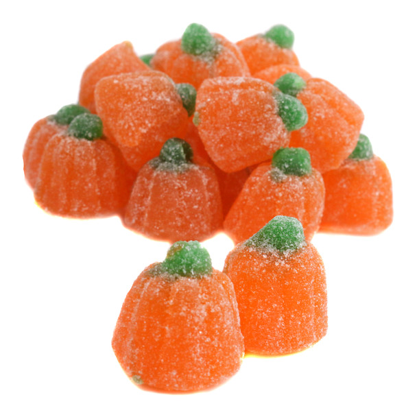 Sweet, tangy, orange sugared jelly pumpkins, bulk Halloween candy. Approx 50 per pound, small, unwrapped.
