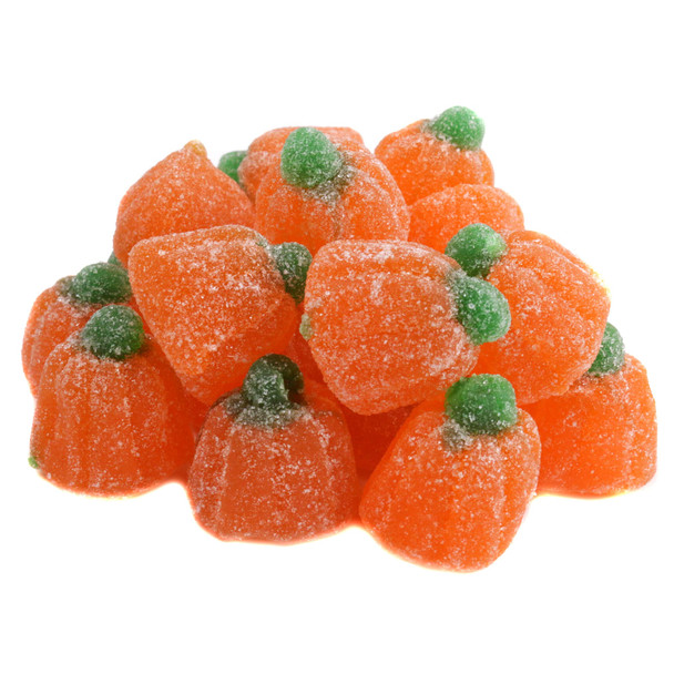 Sweet, tangy orange sugared jelly pumpkins, perfect for Halloween. Approx 50 per pound, Zachary brand, Made in USA.