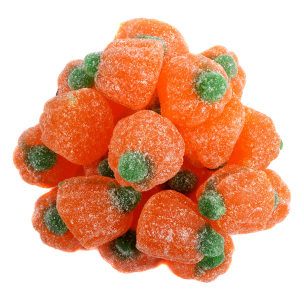 Orange sugared jelly pumpkins, small and unwrapped, approx 50 per pound. Bulk Halloween candy.