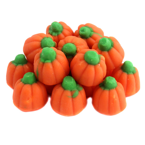 Bright orange mini Mellowcreme Pumpkins, marshmallow flavor, approximately 45 per pound, by Zachary for Halloween.