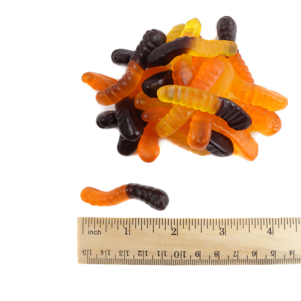 Albanese Halloween Gummy Worms, orange, yellow, black colors, assorted flavors, approx 115 per pound.