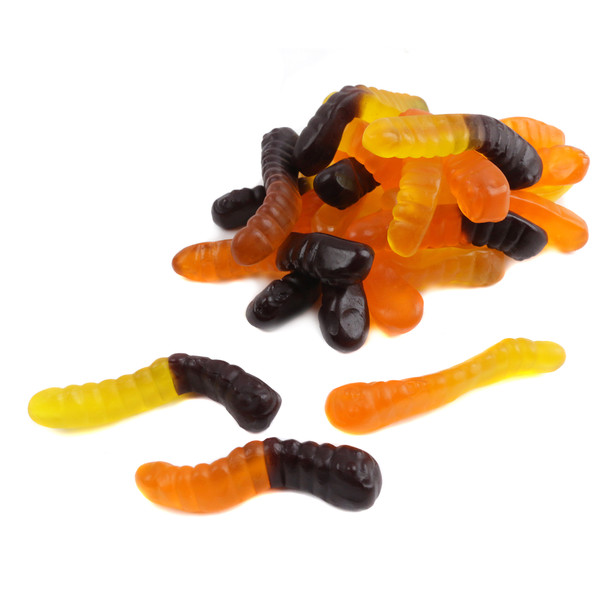 Albanese Halloween Gummy Worms, assorted orange, yellow, black, approx. 115 per pound, USA made, gluten-free.