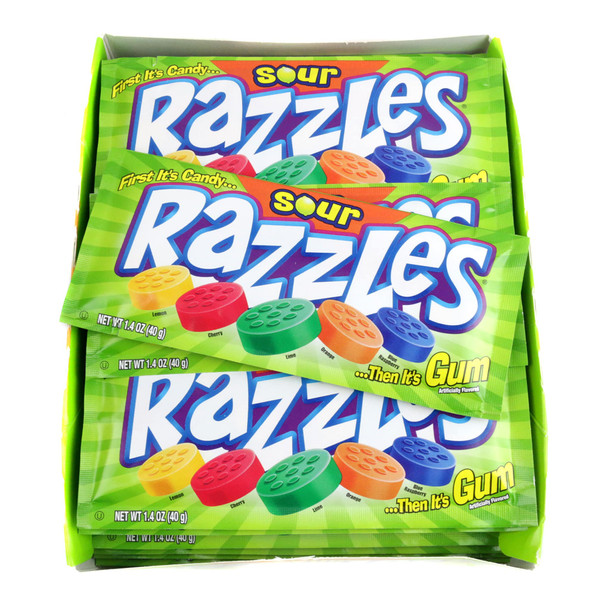 Razzles Sour candy, 24 count individual packs, vibrant assorted fruit colors, tart taste.