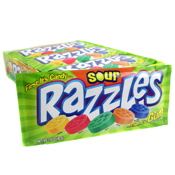 Razzles Sour candy, 24 individual packs of colorful fruity sour candy that transforms into gum.