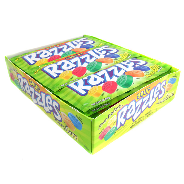 Razzles Sour candy, 24 individual packs, bursting with fruity flavor and a sour coating. First candy, then gum.