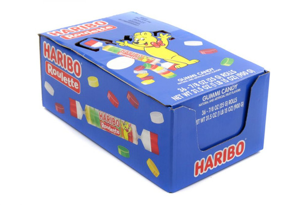 Haribo Roulette gummy candy, 36 colorful rolls, fruity pineapple, strawberry, lemon, cherry flavors.