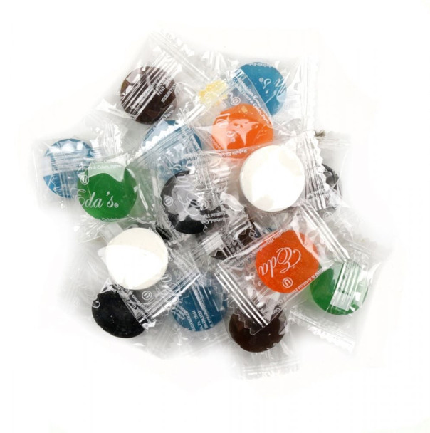 Eda's Old Time Mix Sugar Free Hard Candy. Assorted red, brown, white, and dark candies, 8 nostalgic flavors, approx 80 pieces per pound.