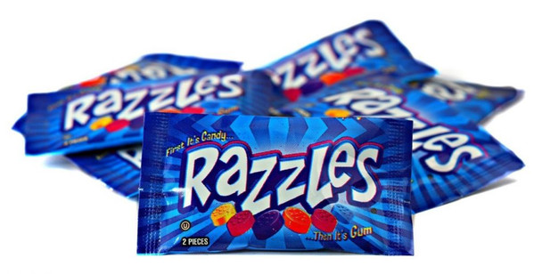 Razzles Candy Fun Size 2-piece packs, colorful grape, orange, raspberry, lemon, blueberry pieces, approx 135 per pound.