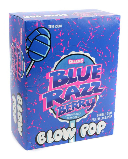 48 blue Razzberry Blow Pops, blue raspberry lollipops with a bubble gum center.