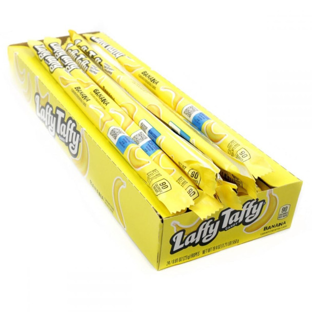 Laffy Taffy Ropes Banana, 24 piece yellow taffy candy display box. Individually wrapped, 10-inch soft chewy banana candy.