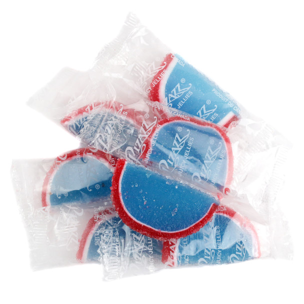 Soft, vibrant blue, individually wrapped Blue Raspberry Jelly Fruit Slices.
