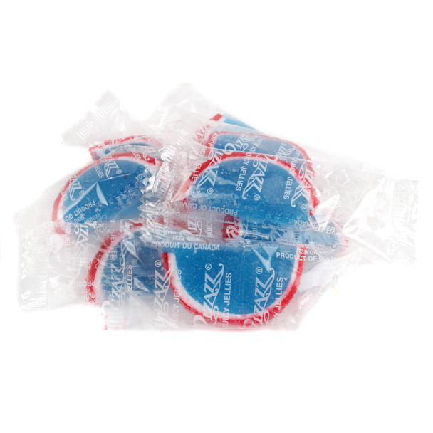 Blue Raspberry Jelly Fruit Slices, vibrant blue, individually wrapped. Approx 32 Cavalier Candy slices per pound.
