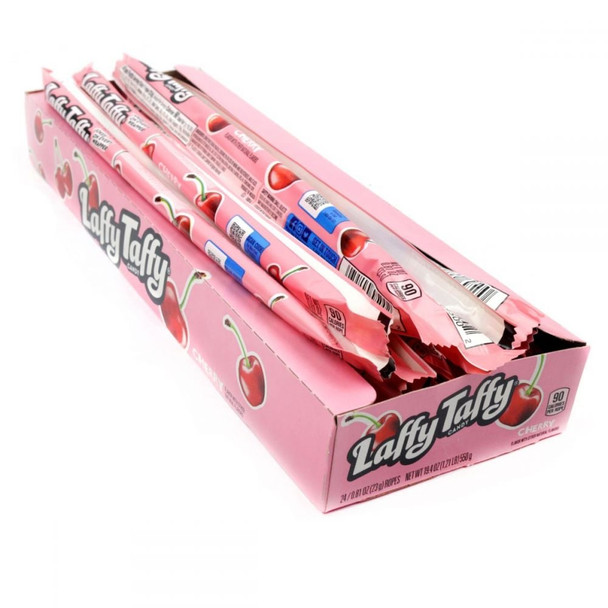24 cherry red Laffy Taffy Ropes, 10 inches long, chewy taffy candy in a display box.