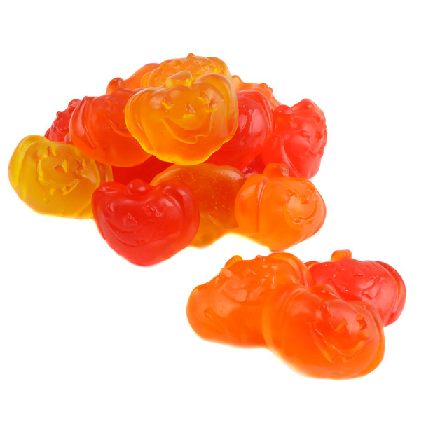 Albanese Gummy Pumpkins, orange, yellow, wild cherry, pumpkin flavored Halloween candy, smiling faces, 35 per pound.