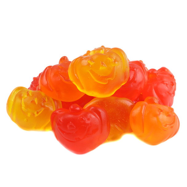 Albanese Gummy Pumpkins, smiling orange, yellow, and red Halloween candy, approx 35 per pound.