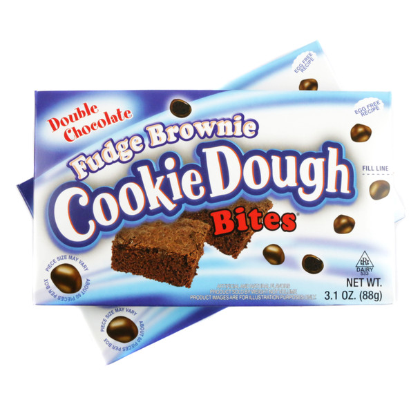 12 pack of bite-sized chocolate fudge brownie cookie dough bites, covered in rich dark chocolate.