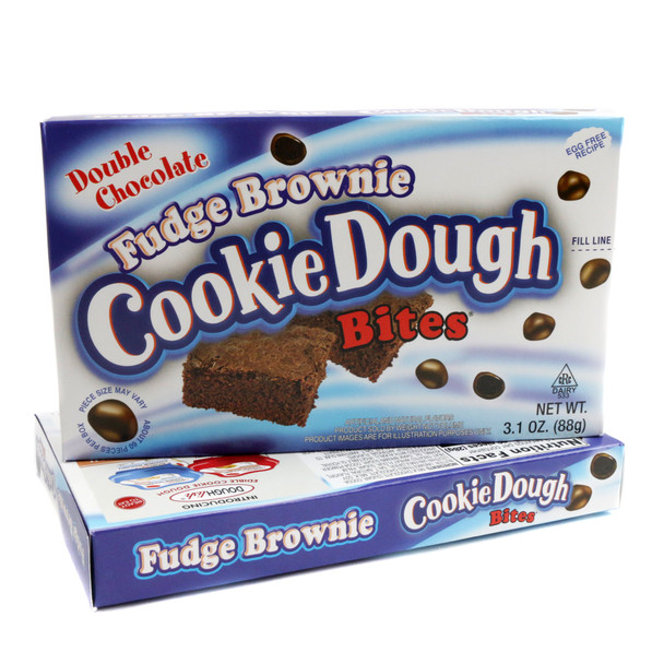 Dark brown, bite-sized Cookie Dough Bites Fudge Brownie, 12 pack, covered in rich chocolate.