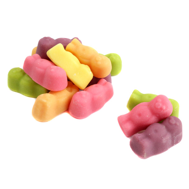 Adorable multi-colored Gustaf's Jelly Babies fruit gummies, powdered sugar, lemon, orange, raspberry, green, black currant.