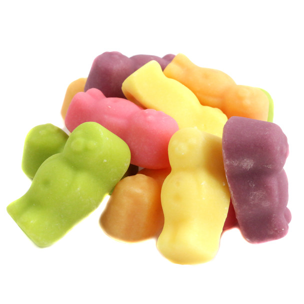 Mixed fruit-flavored Jelly Babies gummies, approximately 60 pieces, dusted with powdered sugar. Red, orange, yellow, green, black.