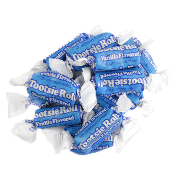 Vanilla Tootsie Rolls, chewy white candy, individually wrapped in vibrant blue wrappers. Limited Edition Midgees, approx 68 per lb.