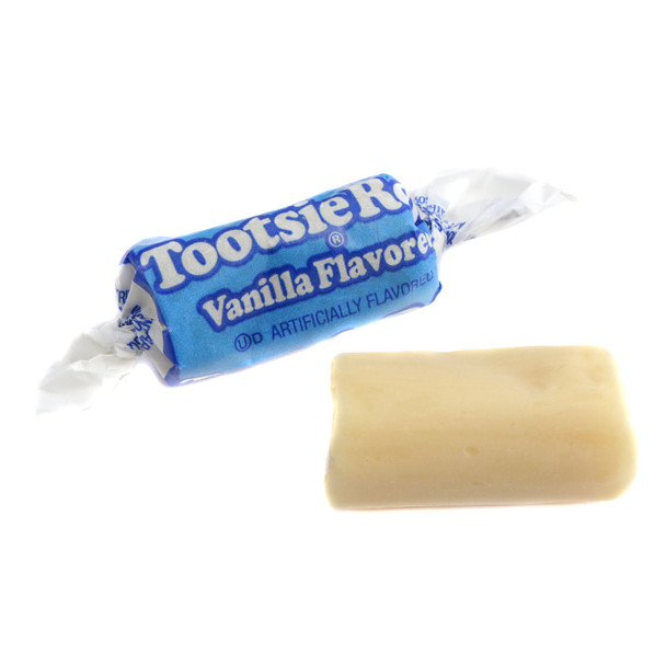 Vanilla Tootsie Rolls, creamy white, individually wrapped in vibrant blue, approx. 68 per pound.