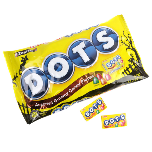 Dots Mini Boxes 17 Piece Bag, 17 colorful mini boxes of chewy fruit gumdrop candy, rainbow assortment. Cherry, lemon, lime, orange flavors.