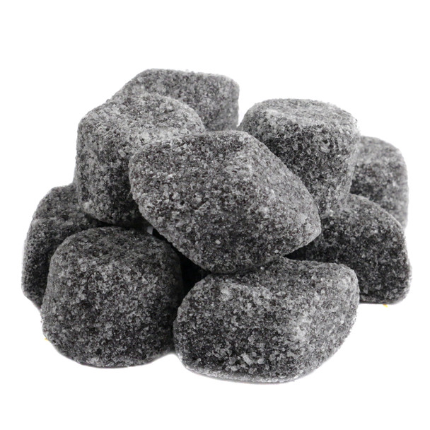 Diamond-shaped Black Licorice Dutchies, sugar-coated, 65 per pound. Mild black licorice candy from Holland.