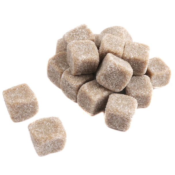 Gerrit Verburg Griotten brown licorice cubes, sweet, savory, bite-sized, brown sugar coated, soft black licorice.