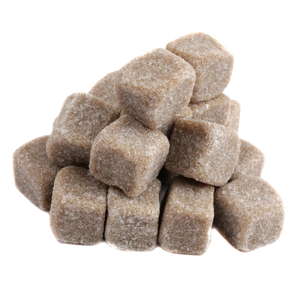 Brown licorice cubes, sweet and savory, bite-sized, with a brown sugar coating. Imported Holland black licorice candy.