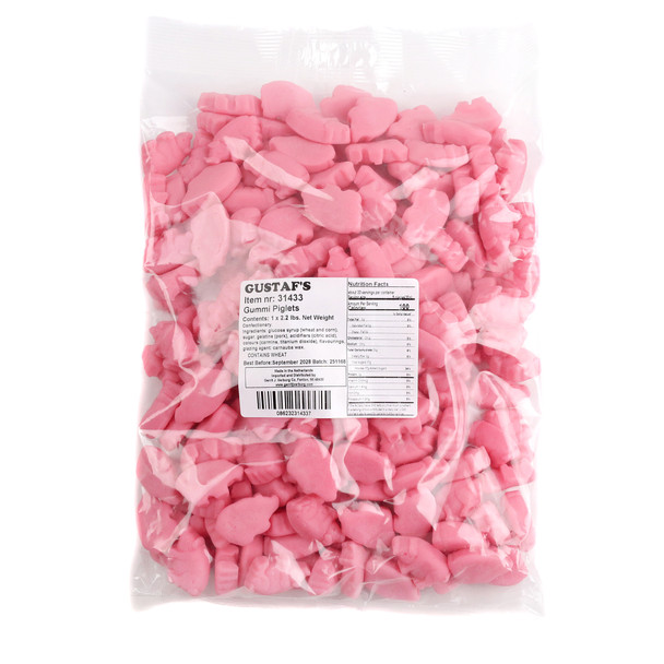 2.2LB bag of soft chewy pink strawberry flavored gummy piglets, approximately 1 inch each.
