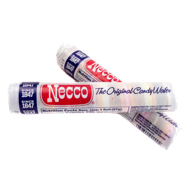 Necco Wafers, original assorted pastel colored candy wafers, 24 rolls, 2.02 oz each. Nostalgic retro candy.