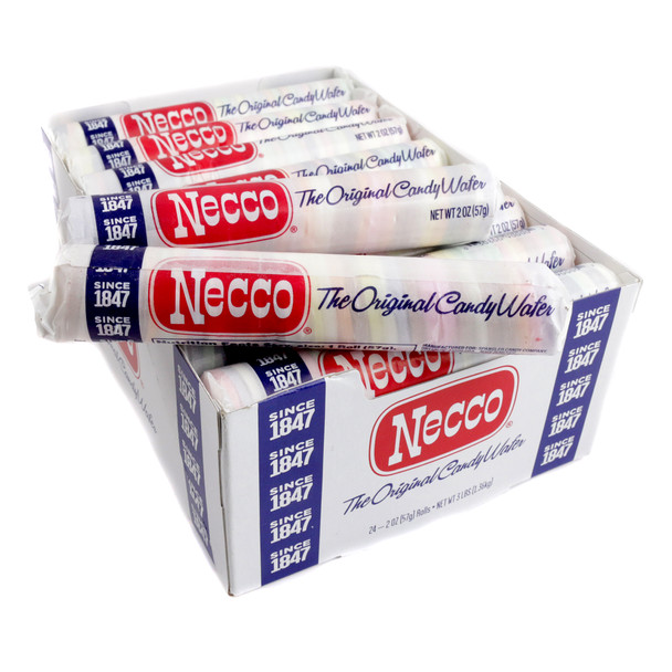 Necco Wafers, 24-count box of 2.02 oz rolls. Assorted colorful lemon, lime, orange, clove, cinnamon, wintergreen, licorice, chocolate.